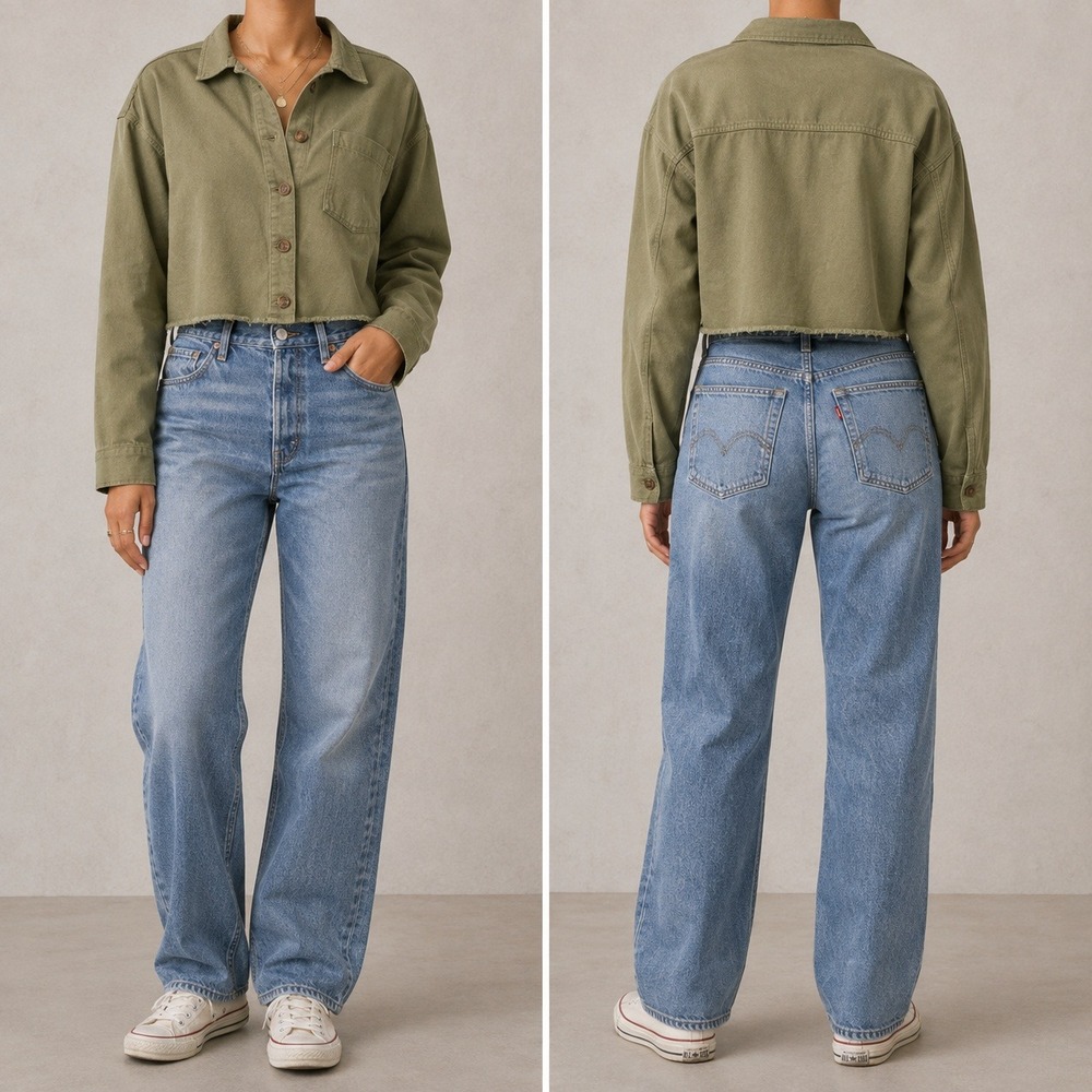 Almost Famous Utility Jacket Womens Medium Olive Green Cropped Raw Hem Button Up
